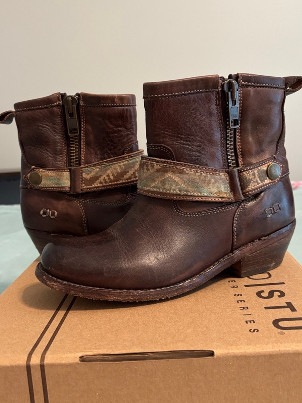 Bed Stu Brown Leather Ankle Booties with Decorative Strap